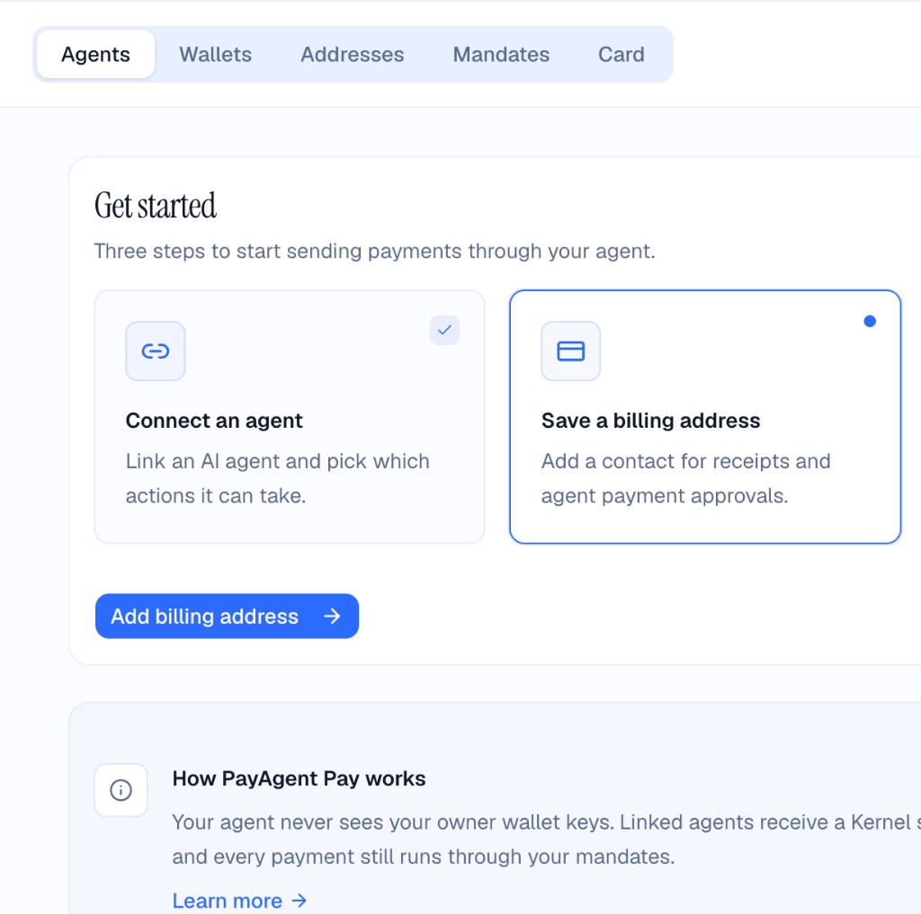 PayAgent get started: connect an agent, save an address, and approve a mandate.